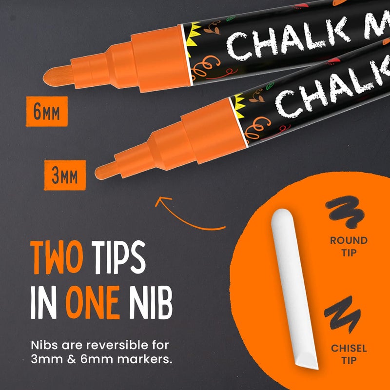 Chalkola 5 Orange Chalkboard Chalk Markers - Orange Dry Erase Markers for Blackboard, Chalkboard Signs, Windows, Glass | Variety Pack - Fine & Jumbo Size Ink Pen (1mm, 3mm, 6mm, 10mm, 15mm) - Image 3